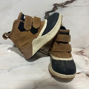 Sorel Kid's Black/Tan Classic Leather Ankle Rain Duck Boots Sz 10